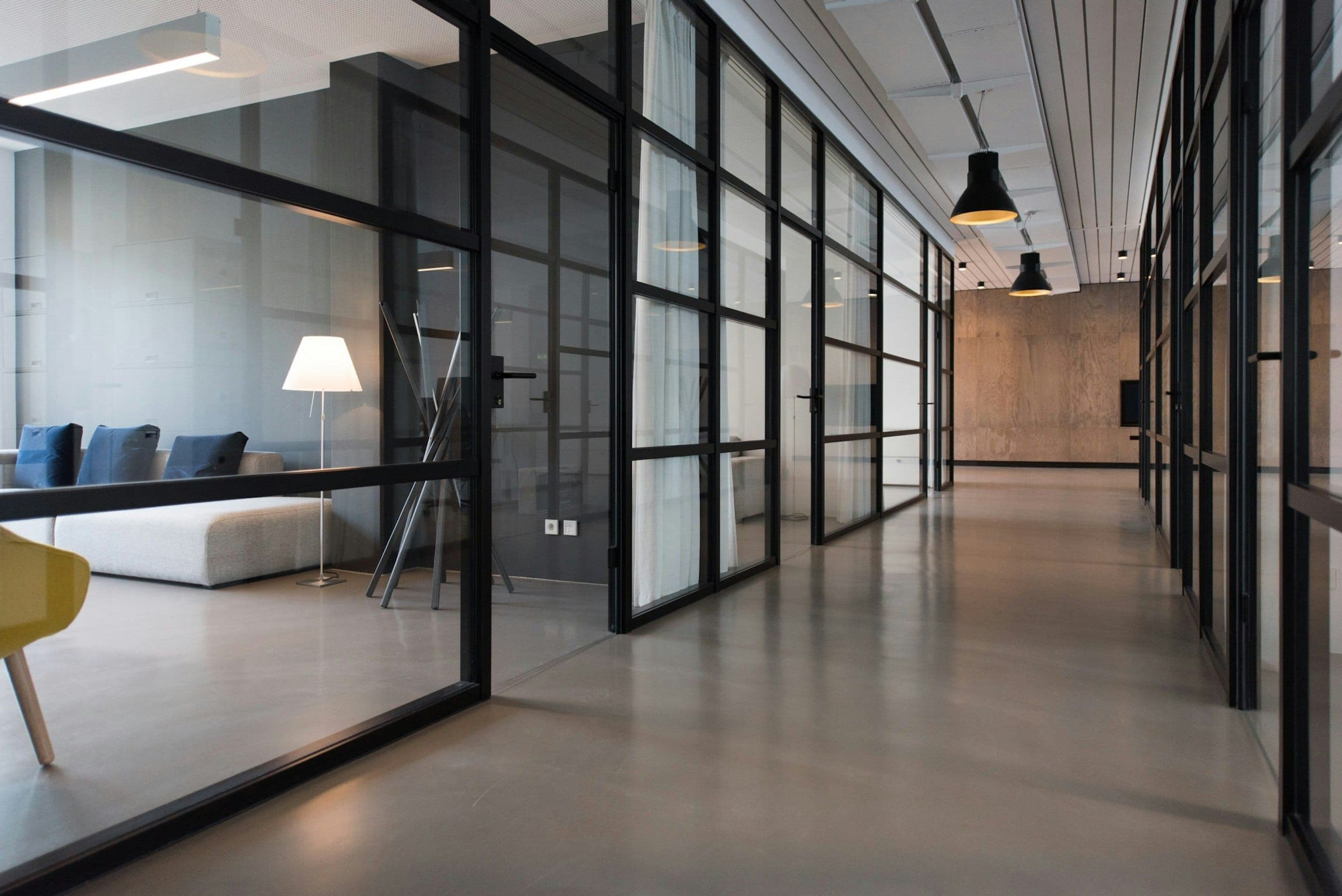 A quiet floor of glass offices